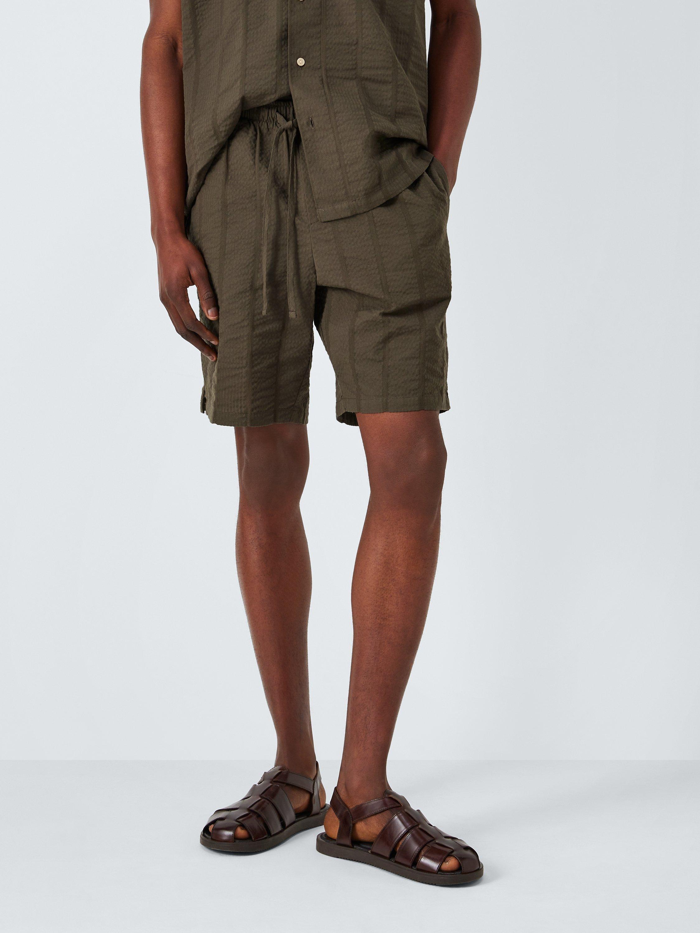 John Lewis Organic Cotton Seersucker Stripe Lounge Shorts, Khaki, L