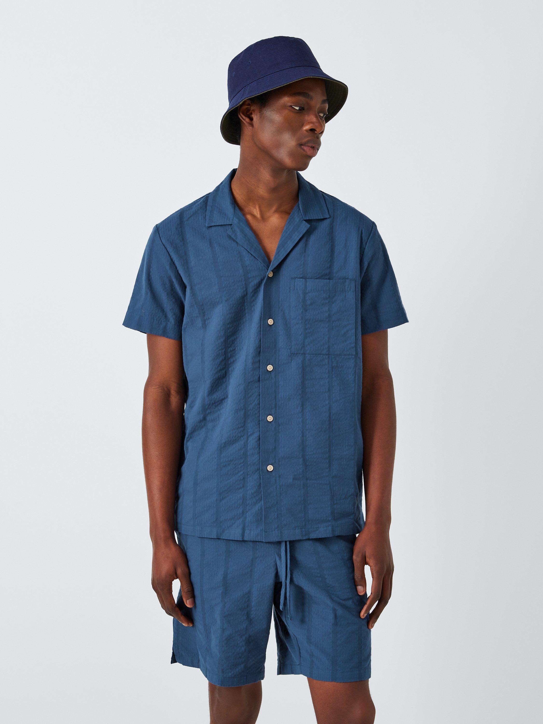 John Lewis Organic Cotton Seersucker Stripe Lounge Shirt, Indigo Blue