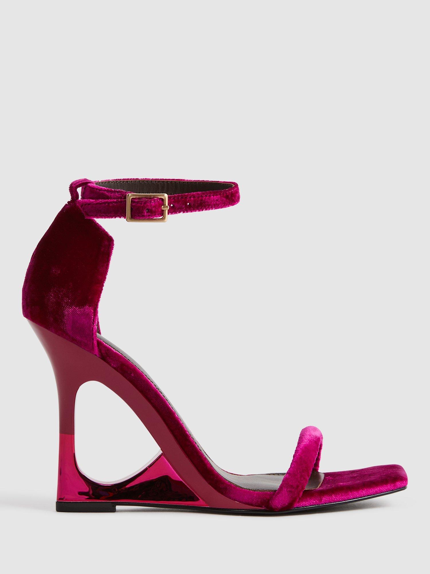 Reiss Cora Velvet Wedge Sandals, Pink