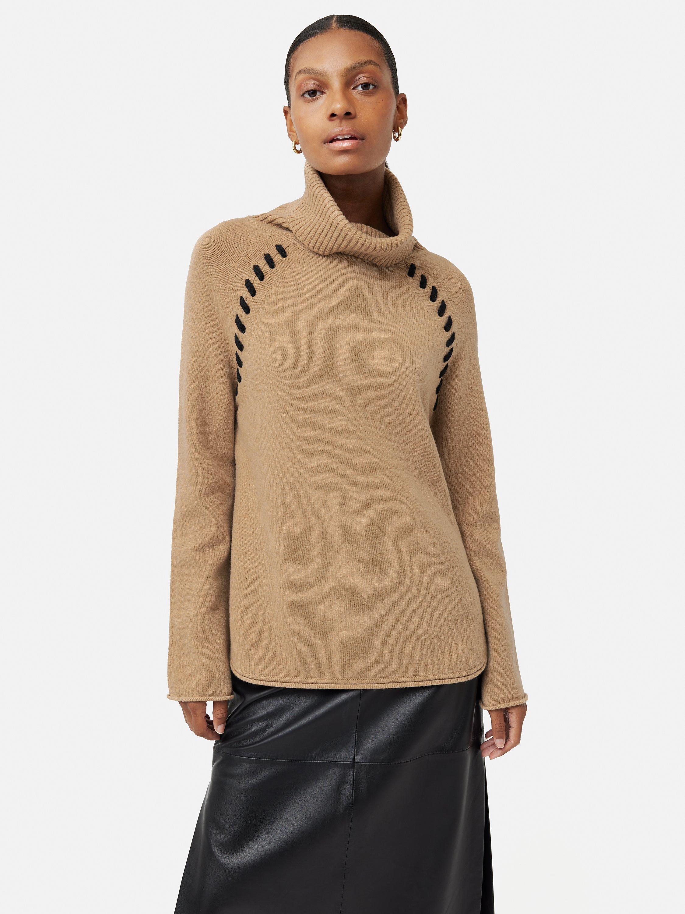 Jigsaw Merino Wool Scoop Hem Overstitch Detail Roll Neck Jumper, Camel