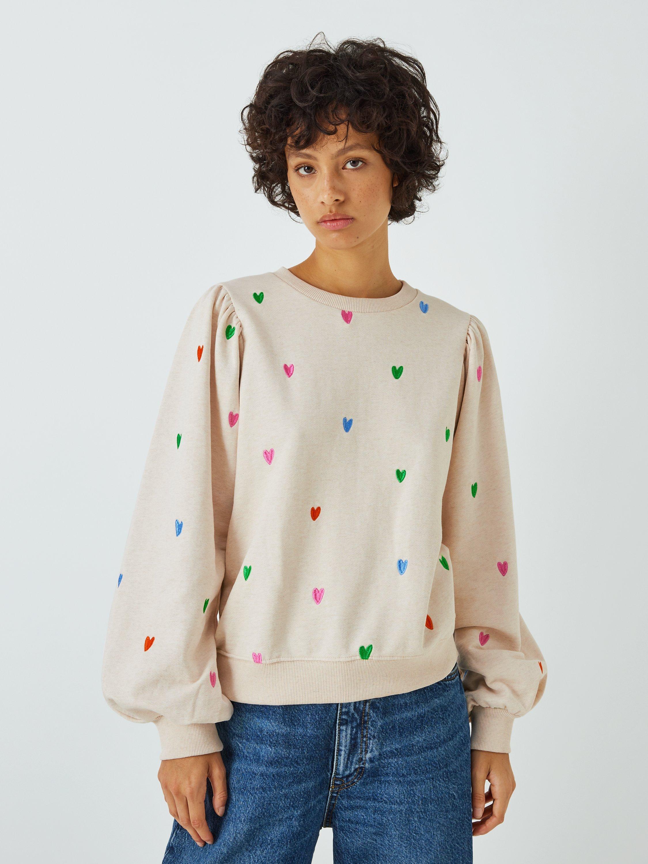 Fabienne Chapot Dina Heart Embroidered Balloon Sleeve Sweatshirt, Oatmeal Melange