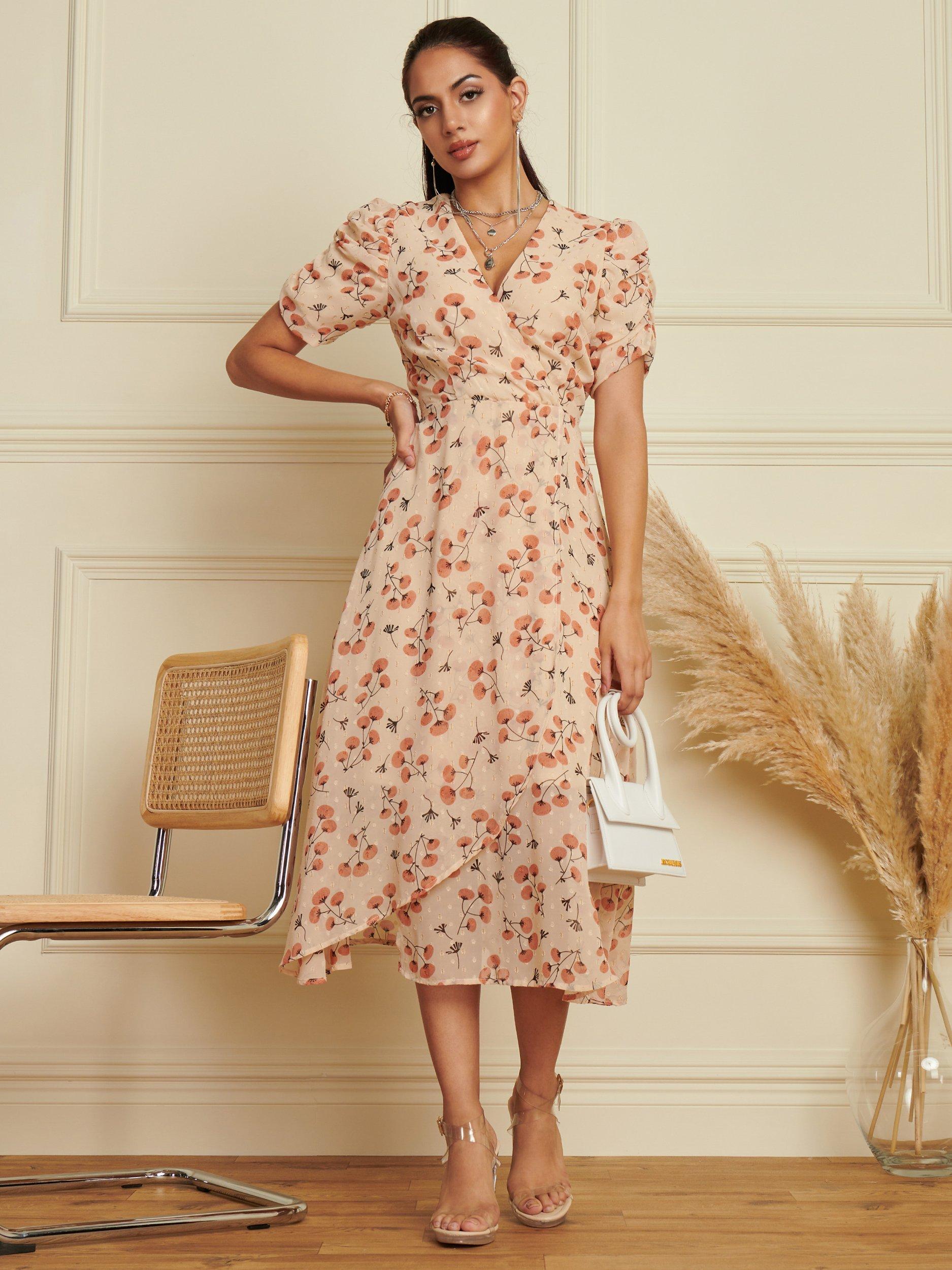 Jolie Moi Floral Chiffon Midi Dress, Beige