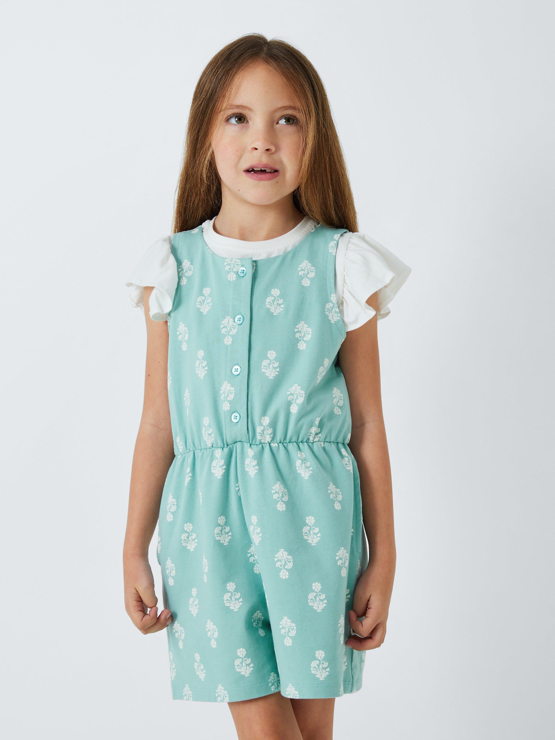 John Lewis Kids' Flower Jersey Playsuit, Teal