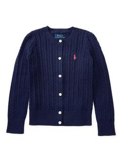 Ralph Lauren Kids' Logo Mini Cable Knit Cardigan, Refined Navy/Multi, Refined Navy/Multi
