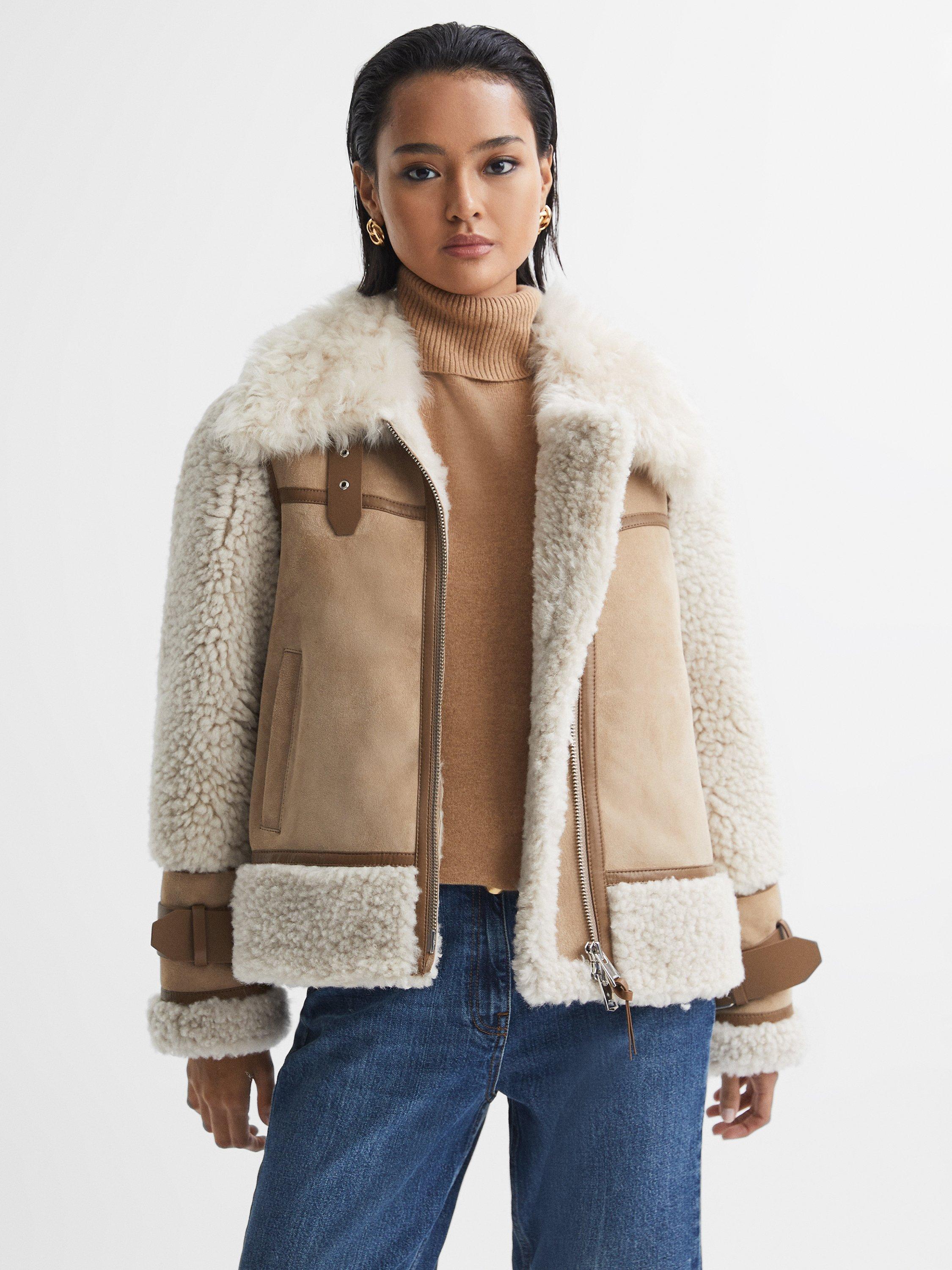 Reiss Asher Suede Sheepskin Zip Up Leather Jacket, Neutral