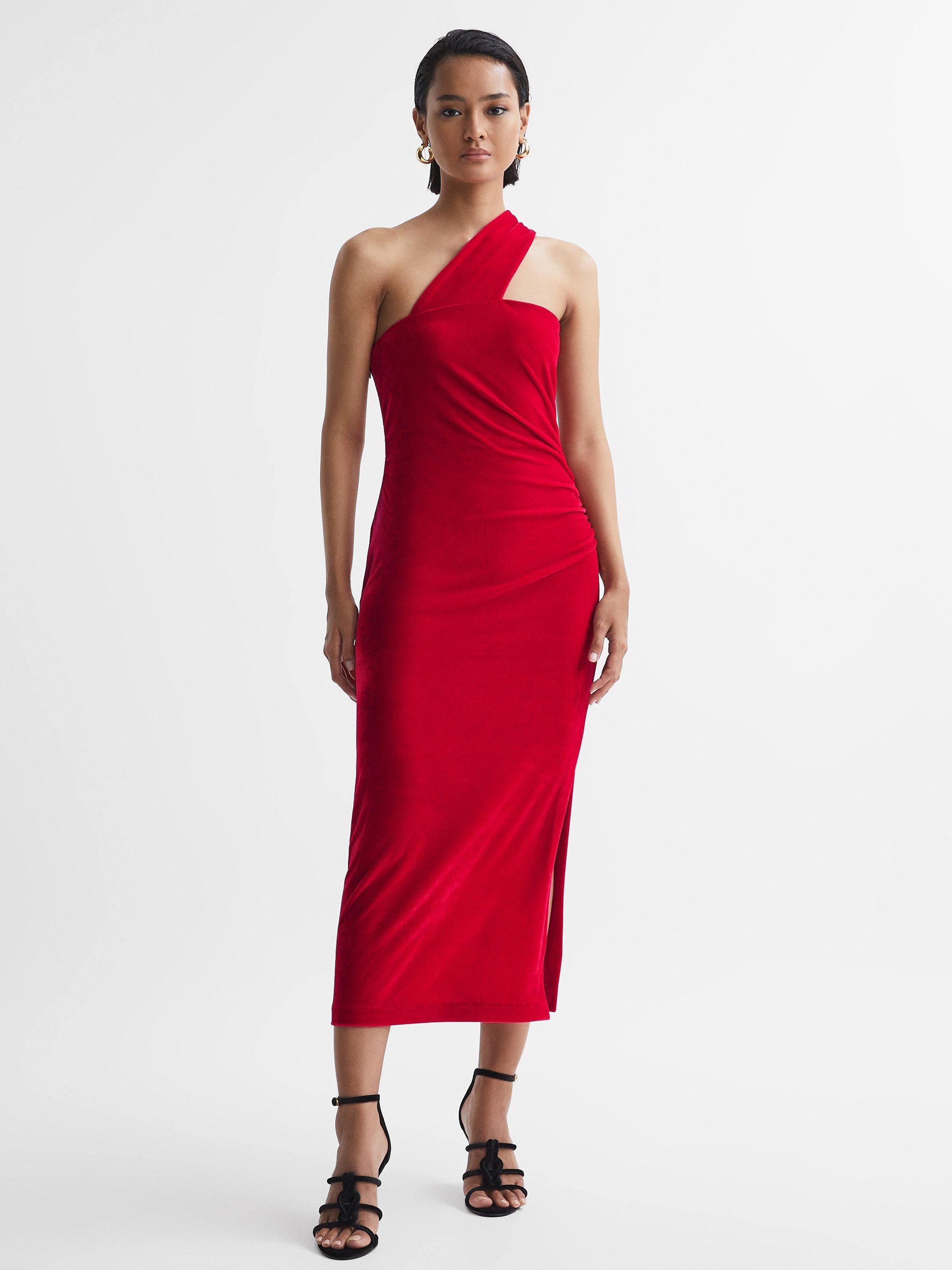 Reiss Abbey One Shoulder Velvet Midi Dress, Red