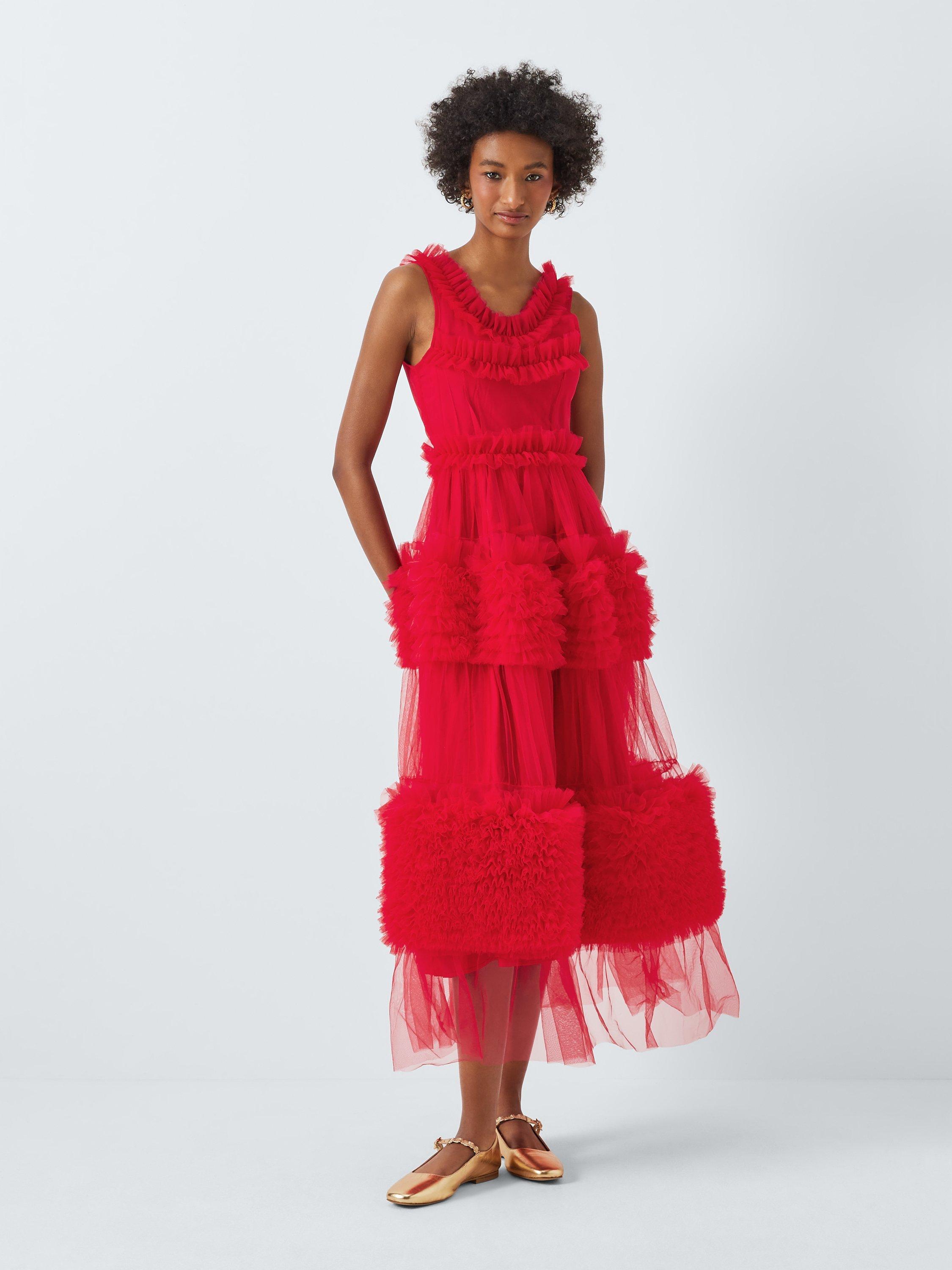 Sister Jane Frida Tulle Ruffle Midi Dress, Red