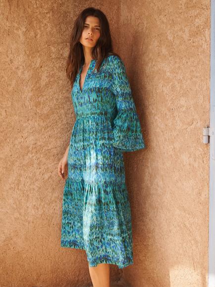 NRBY Gracelyn Peacock Splash Print Silk Dress, Blue, Blue