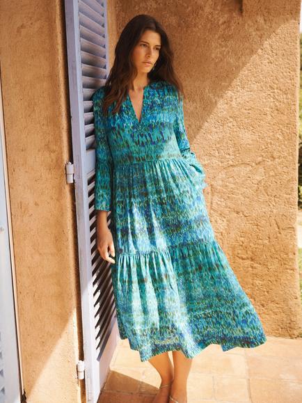 NRBY Gracelyn Peacock Splash Print Silk Dress, Blue - view 2, Blue
