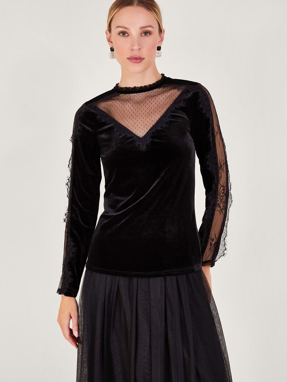 Monsoon Vanya Velvet and Lace Top, Black