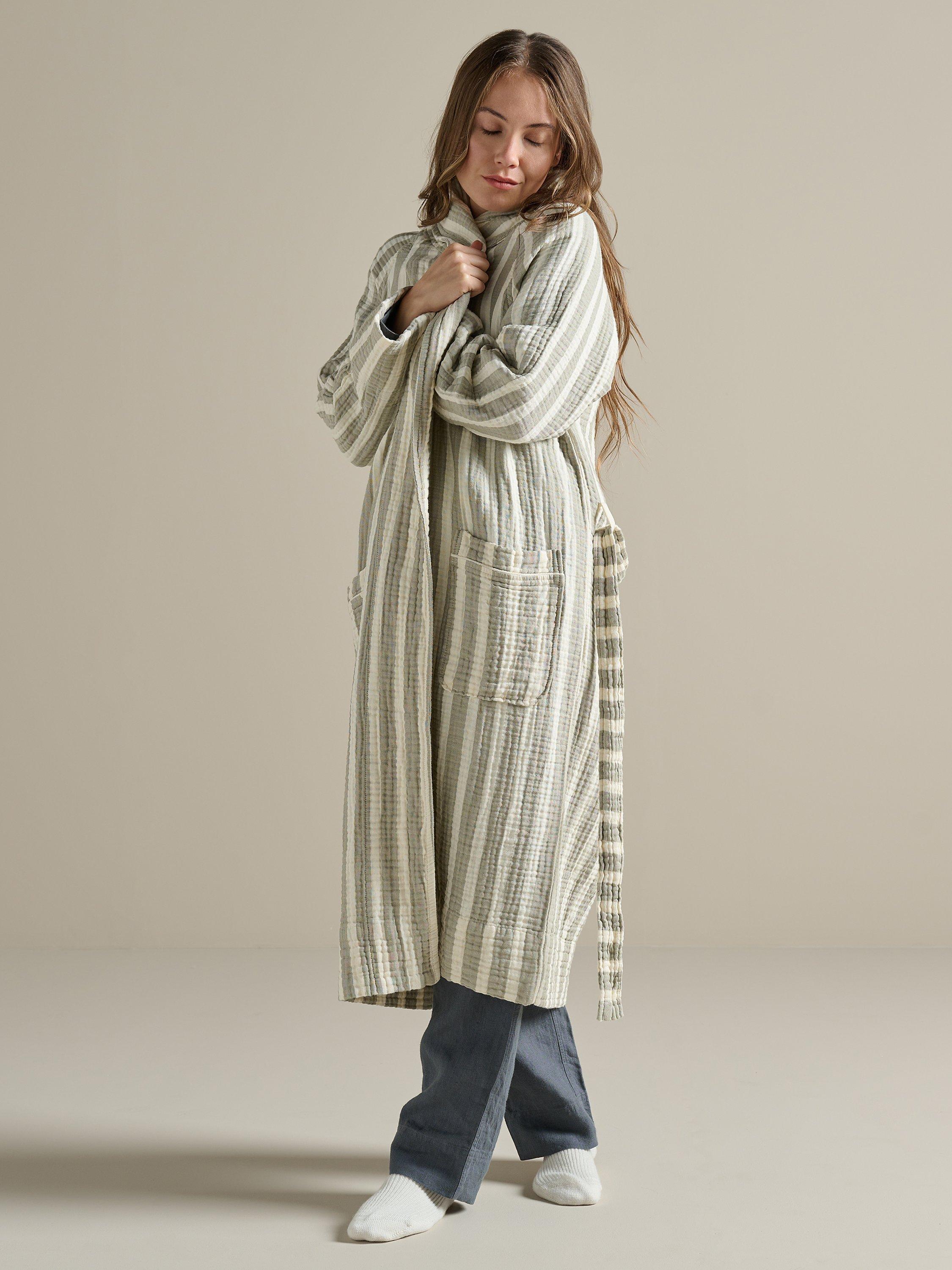 Bedfolk Unisex Dream Stripe Cotton Dressing Gown, Sage, XXL