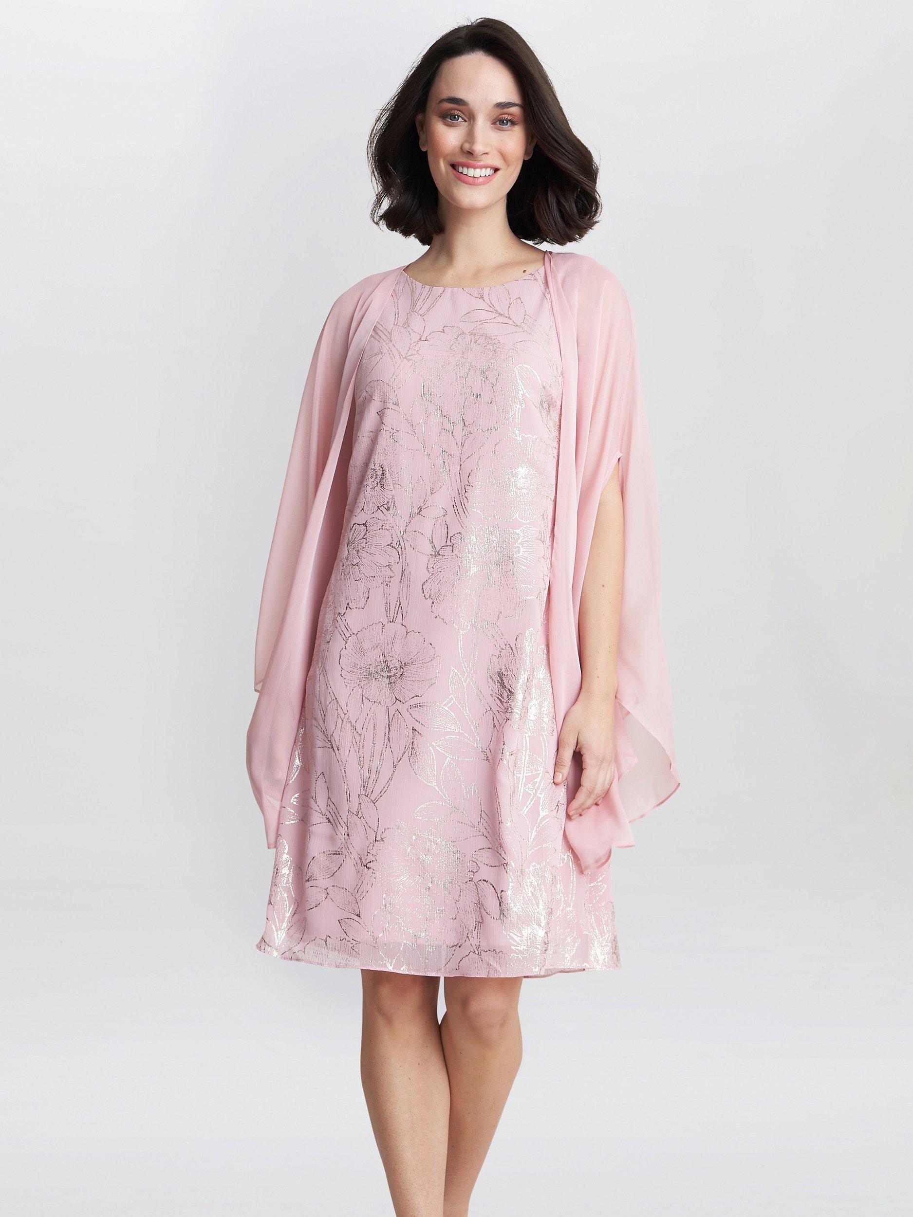 Gina Bacconi Saskia Foil Floral Dress with Chiffon Cape, Rose Pink