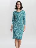 Gina Bacconi Adeline Printed Jersey Cowl Neck Dress, Teal/White