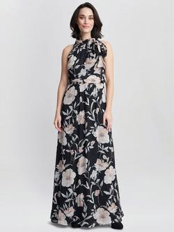 Gina Bacconi Lexi Floral Print Tie Neck Maxi Dress, Black/Multi, Black/Multi