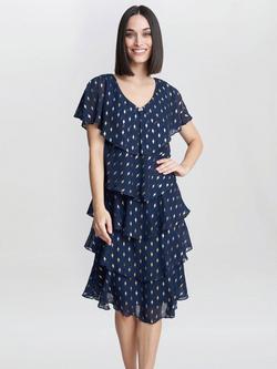 Gina Bacconi Sybil Foil Print Tiered Dress, Navy/Gold, Navy/Gold