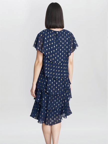 Gina Bacconi Sybil Foil Print Tiered Dress, Navy/Gold - view 2, Navy/Gold