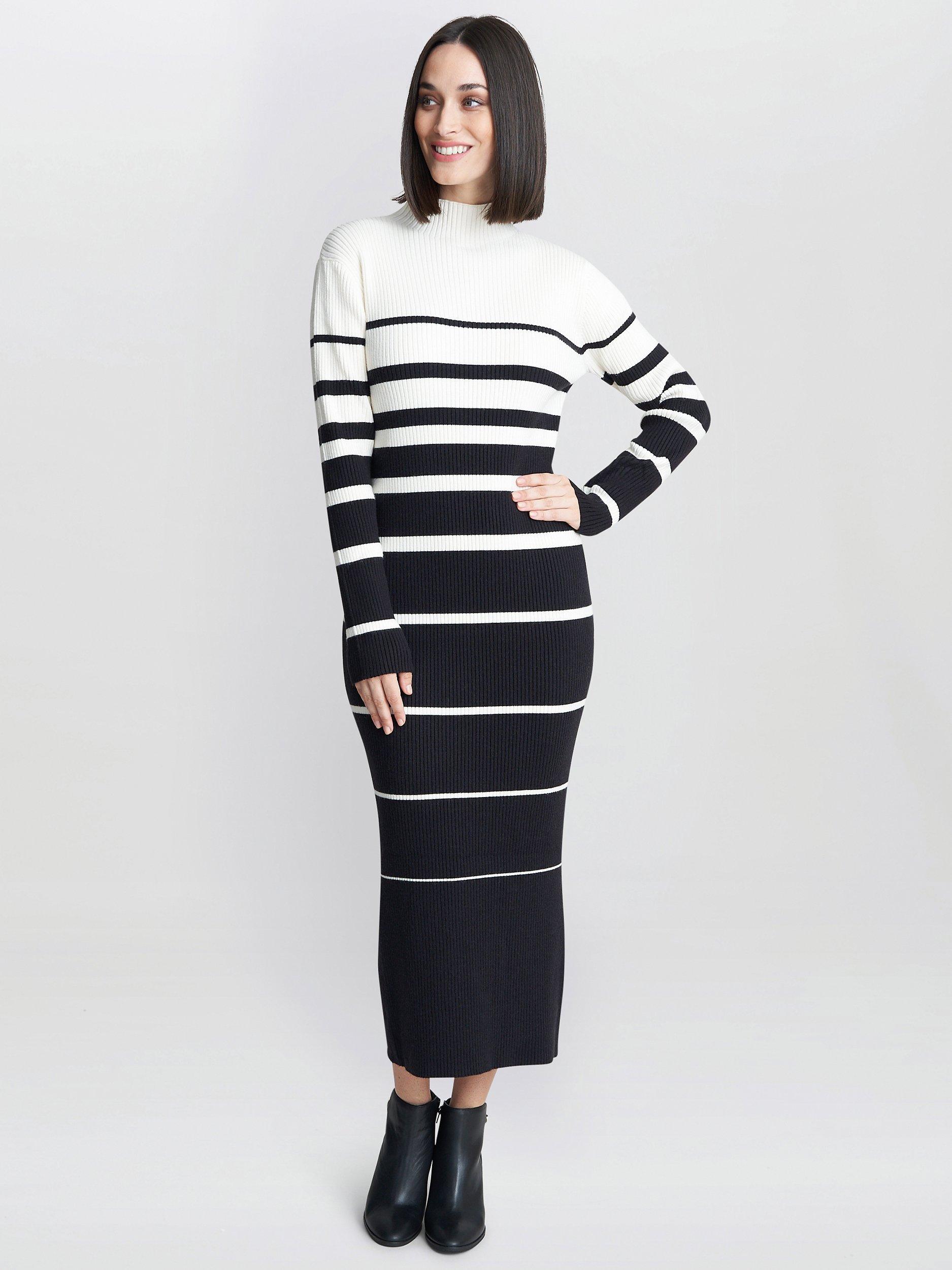Product image 1 of 4, which shows Gina Bacconi Joan Stripe Rib Knit Jumper Dress, White/Black, One Size