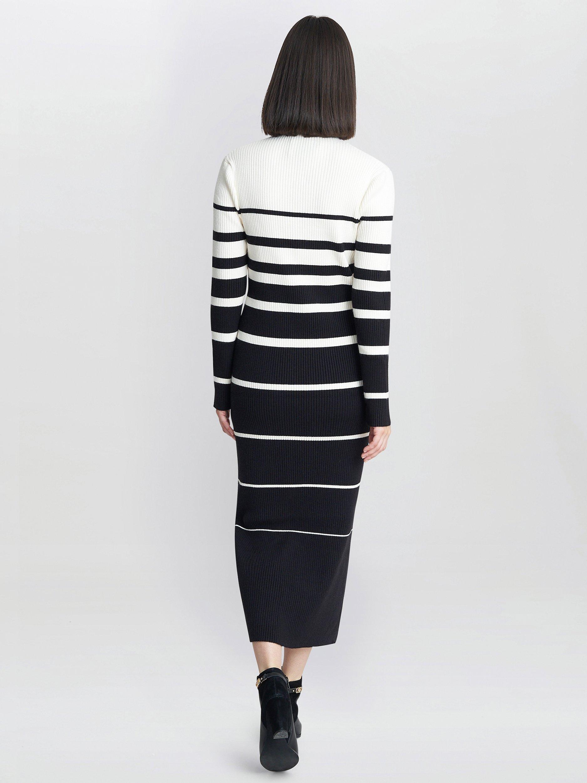 Product image 2 of 4, which shows Gina Bacconi Joan Stripe Rib Knit Jumper Dress, White/Black, One Size