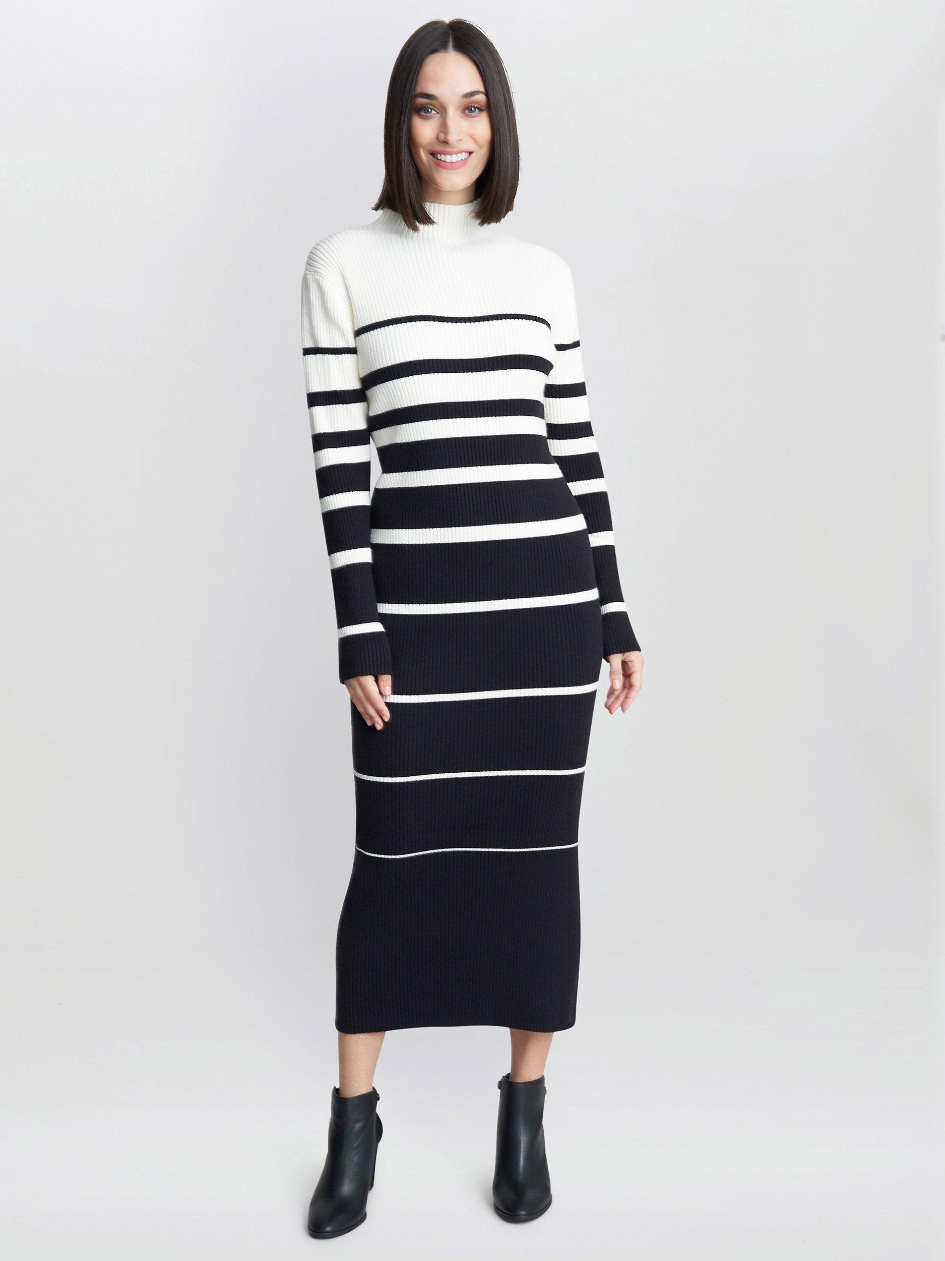 Product image 3 of 4, which shows Gina Bacconi Joan Stripe Rib Knit Jumper Dress, White/Black, One Size