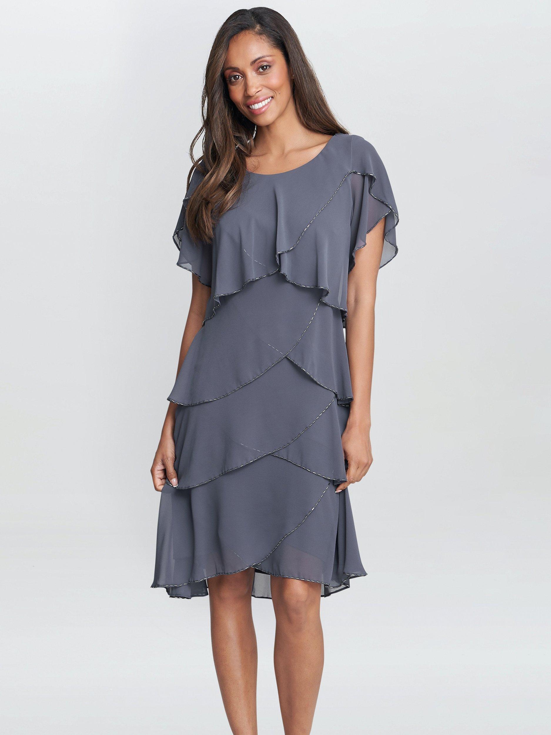 Product image 1 of 5, which shows Gina Bacconi Trysta Bugle Beaded Trim Cocktail Dress, Steel, 12
