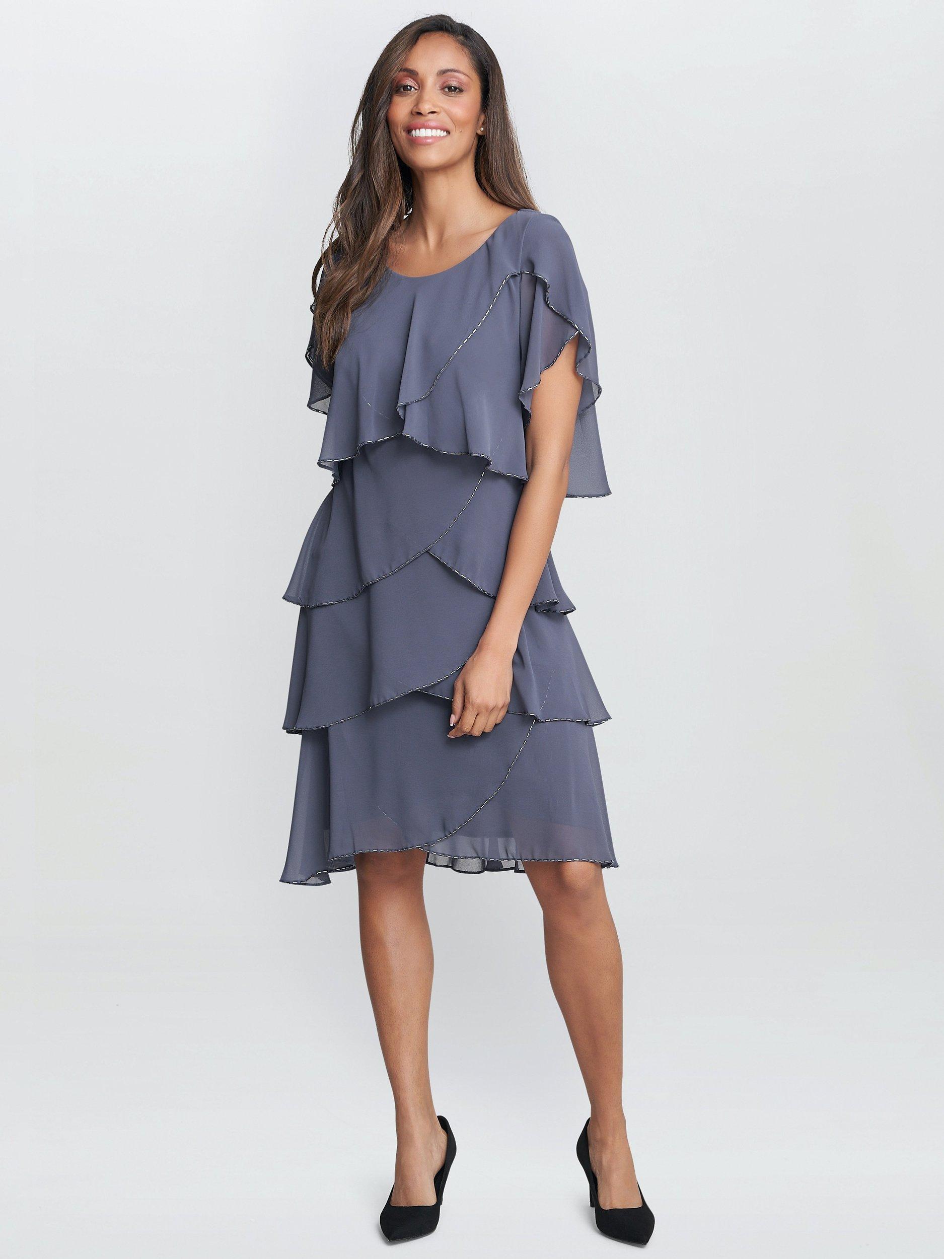 Product image 3 of 5, which shows Gina Bacconi Trysta Bugle Beaded Trim Cocktail Dress, Steel, 12