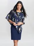 Gina Bacconi Gaby Floral Print Asymmetric Cape Dress, Navy/Multi