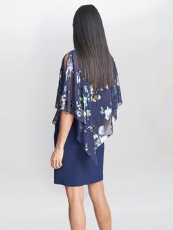Gina Bacconi Gaby Floral Print Asymmetric Cape Dress, Navy/Multi - view 2, Navy/Multi