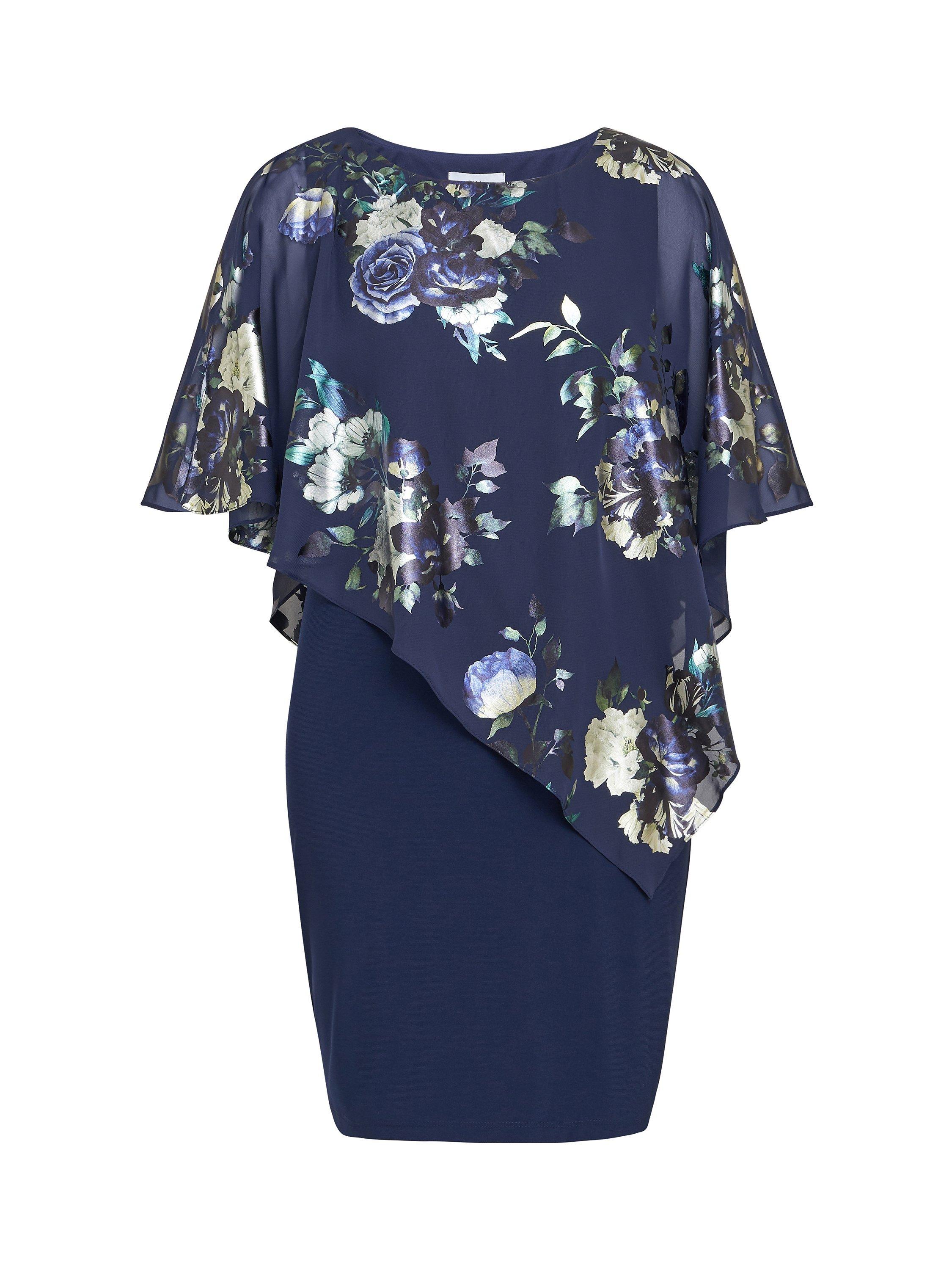 Product image 5 of 5, which shows Gina Bacconi Gaby Floral Print Asymmetric Cape Dress, Navy/Multi, 10
