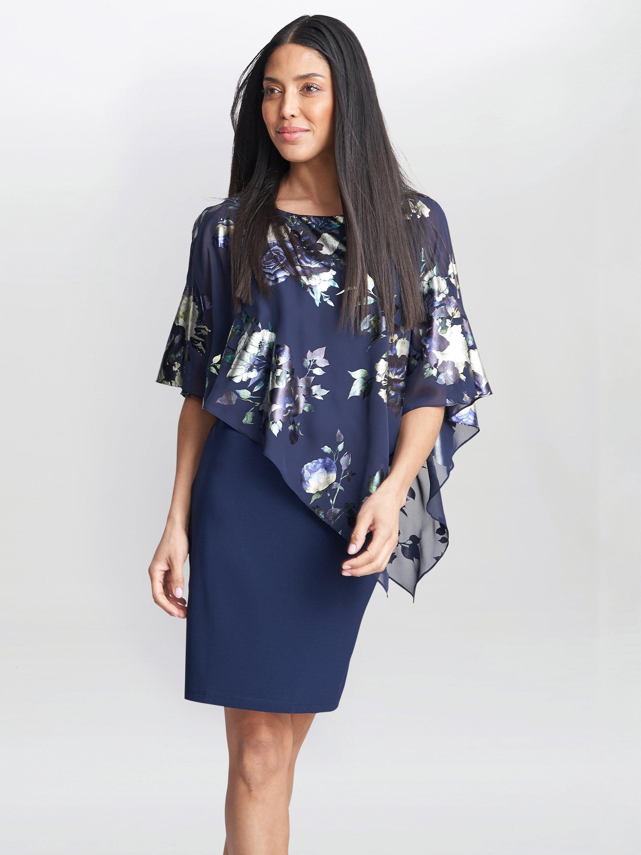 Product image 4 of 5, which shows Gina Bacconi Gaby Floral Print Asymmetric Cape Dress, Navy/Multi, 10