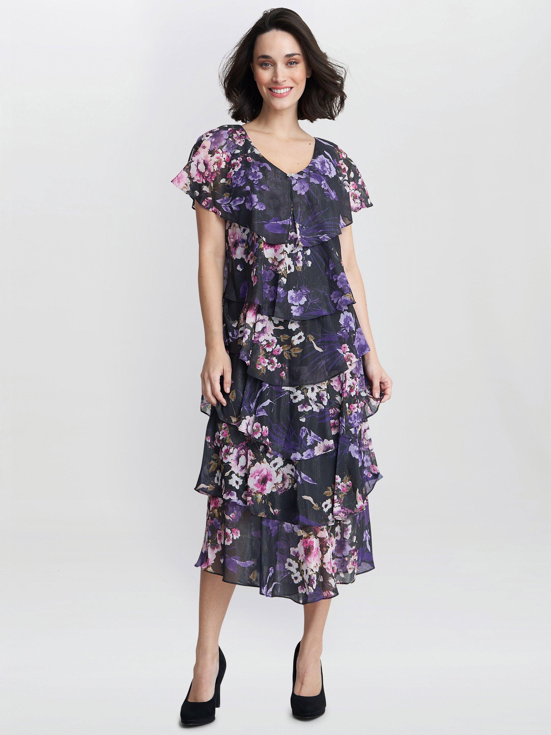 Gina Bacconi Leticia Floral Print Midi Tiered Dress Black Multi