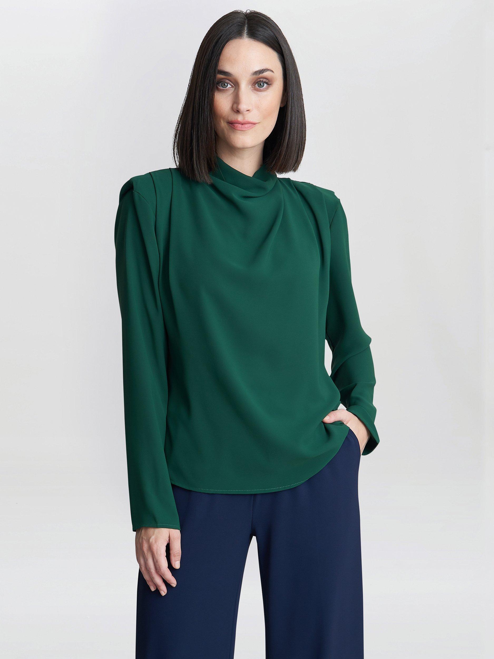 Product image 1 of 5, which shows Gina Bacconi Eleonora High Neck Shoulder Detail Top, Green, S