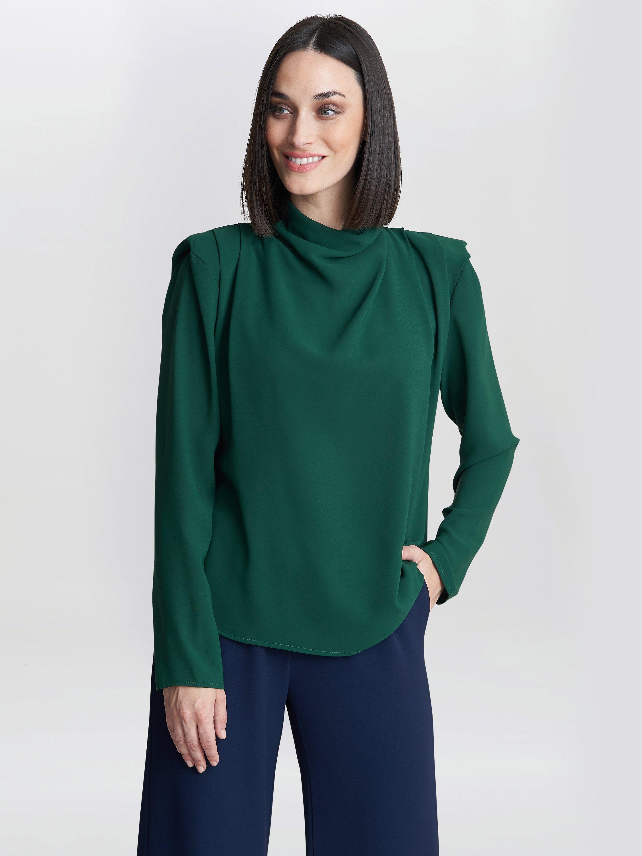Product image 5 of 5, which shows Gina Bacconi Eleonora High Neck Shoulder Detail Top, Green, S
