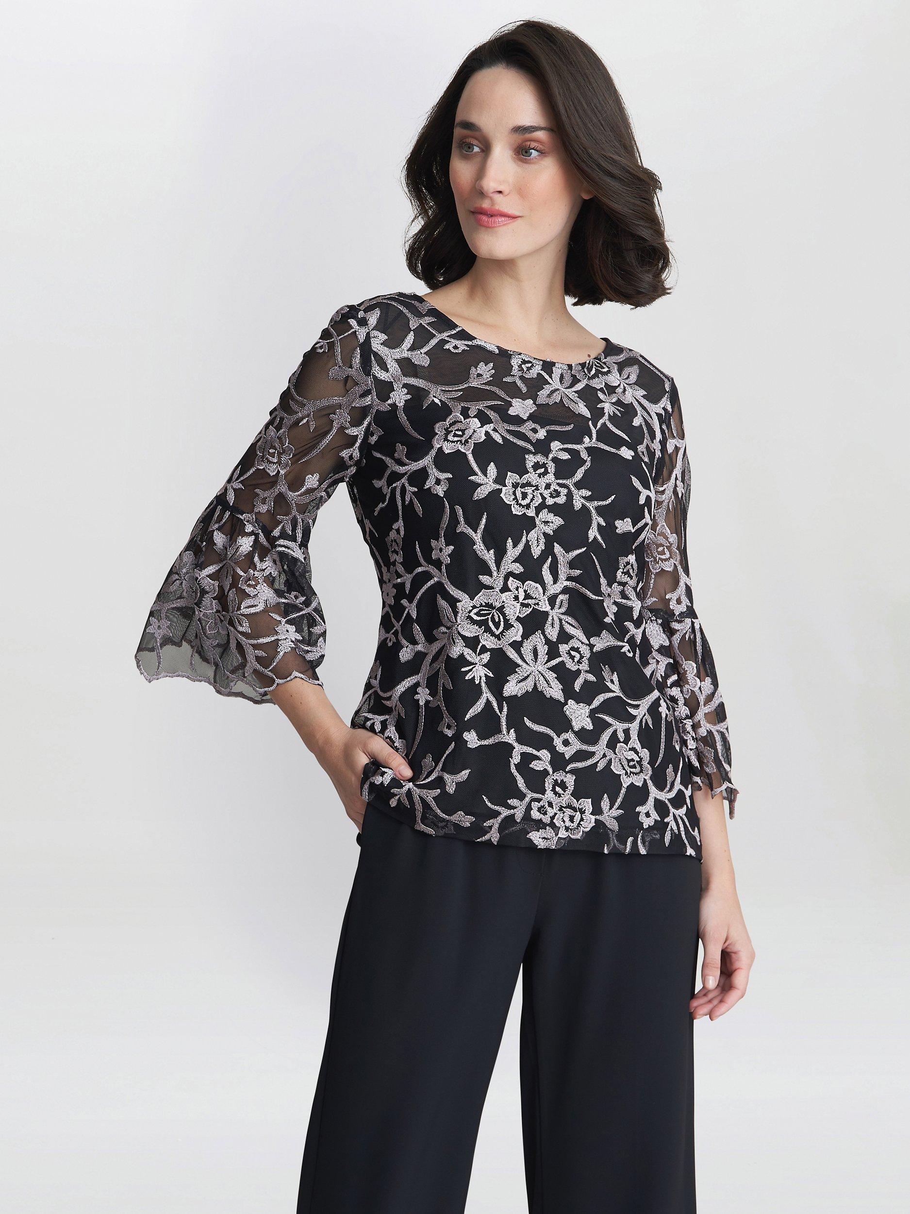 Product image 1 of 4, which shows Gina Bacconi Brianna Embroidered Blouse, Black/Pink, S