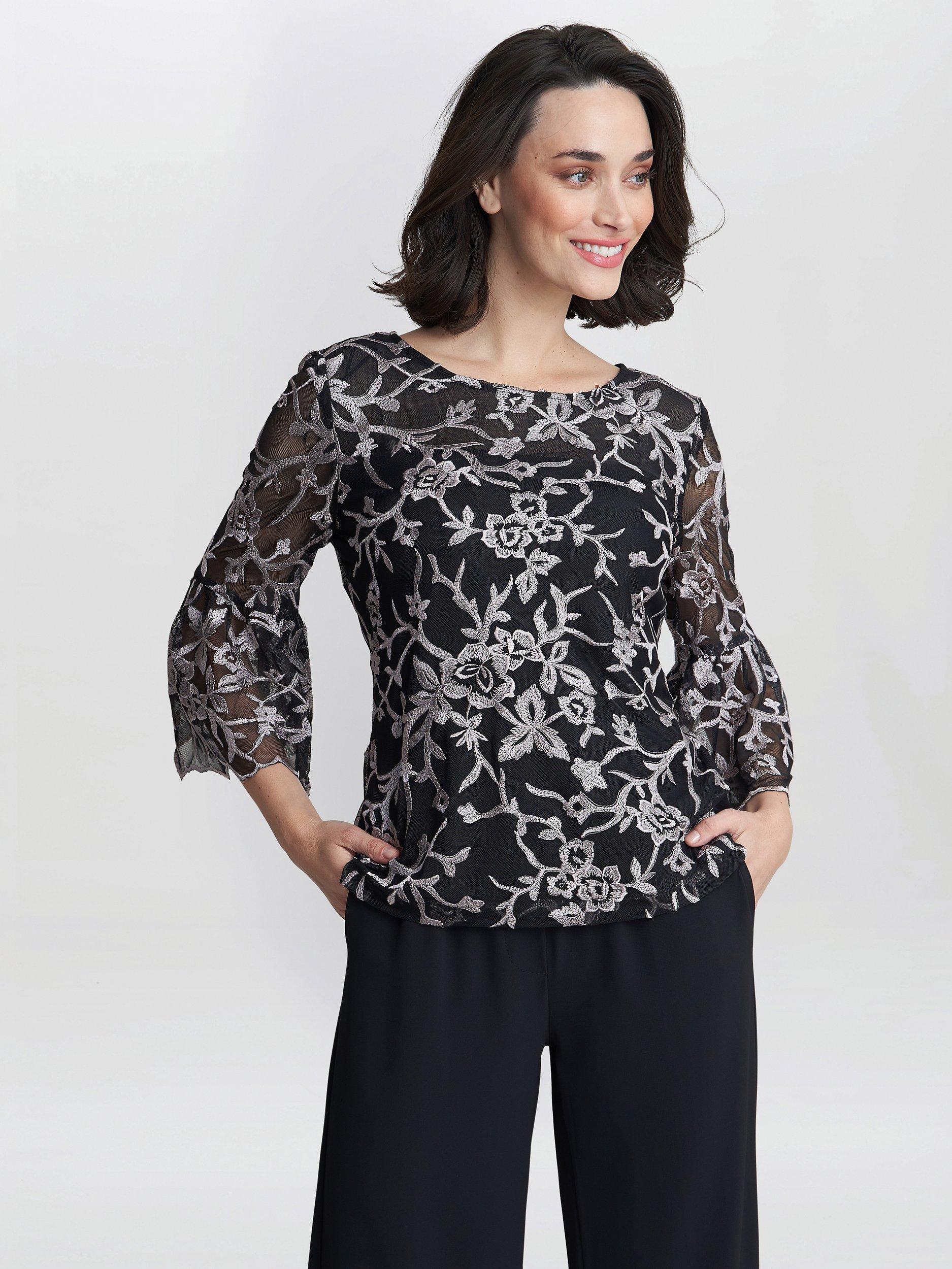 Product image 3 of 4, which shows Gina Bacconi Brianna Embroidered Blouse, Black/Pink, S