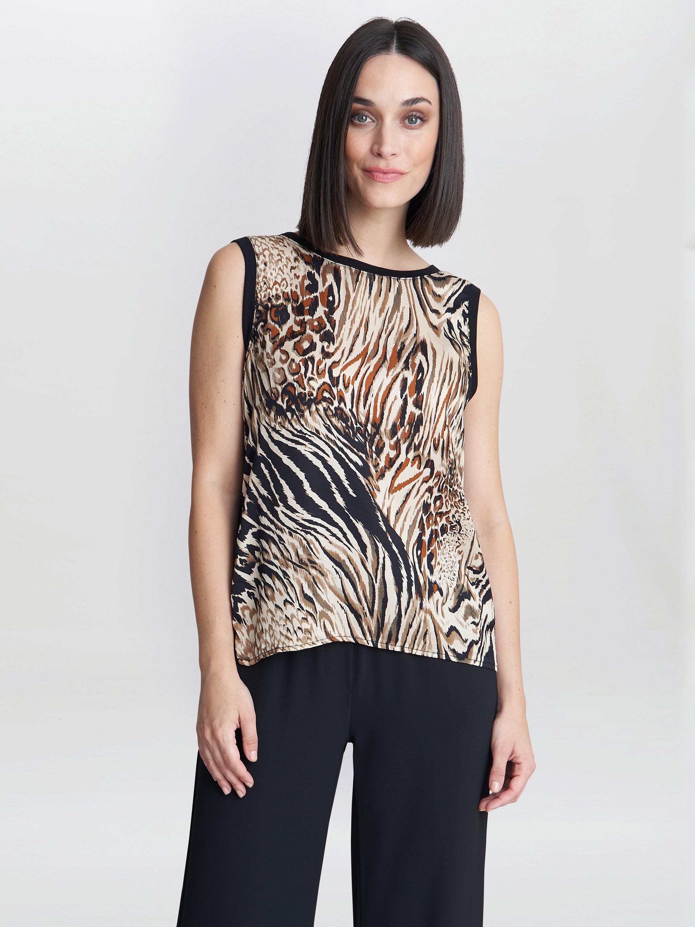 Gina Bacconi Erin Animal Print Satin Front Top, Black/Multi, S