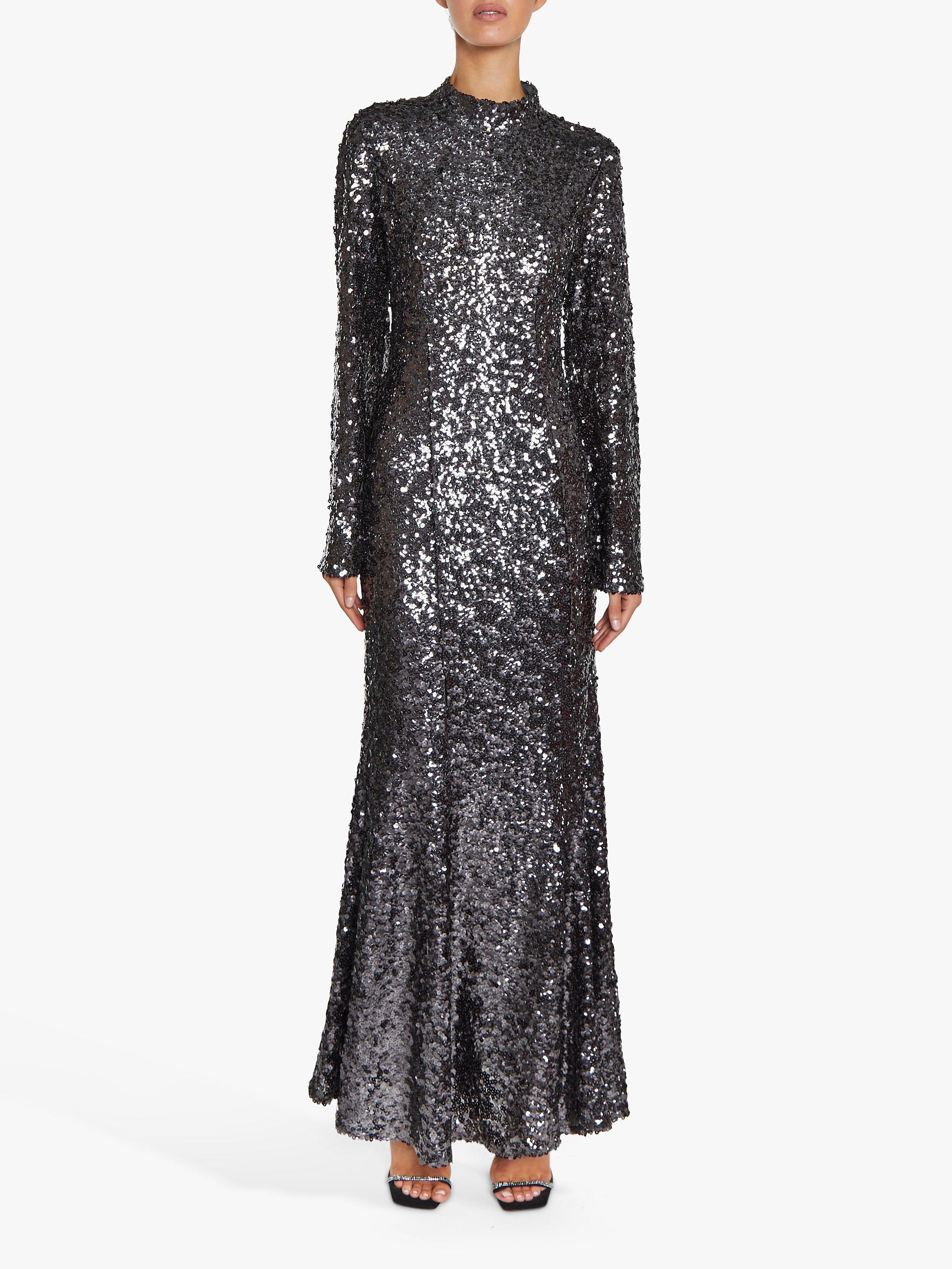 True Decadence Vanessa Sequin Open Back Maxi Dress, Dark Pewter