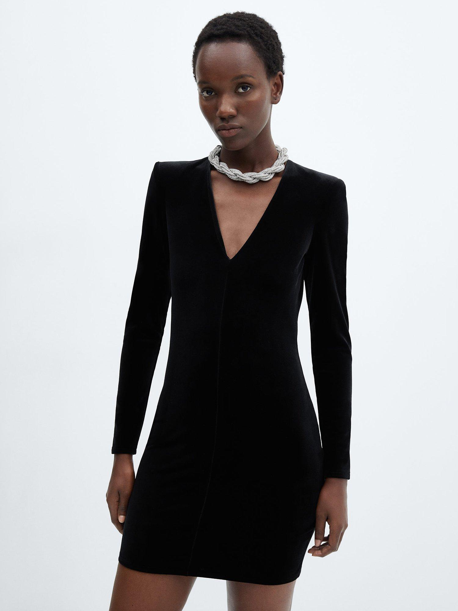 Mango Velvet Shoulder Pad Mini Dress, Black