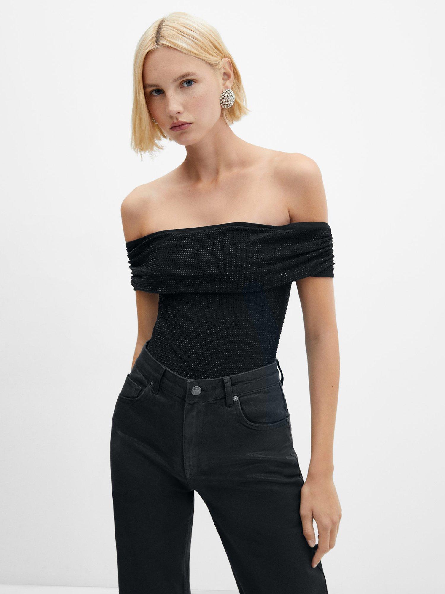 Mango Xminerva Rhinestone Bodysuit, Black