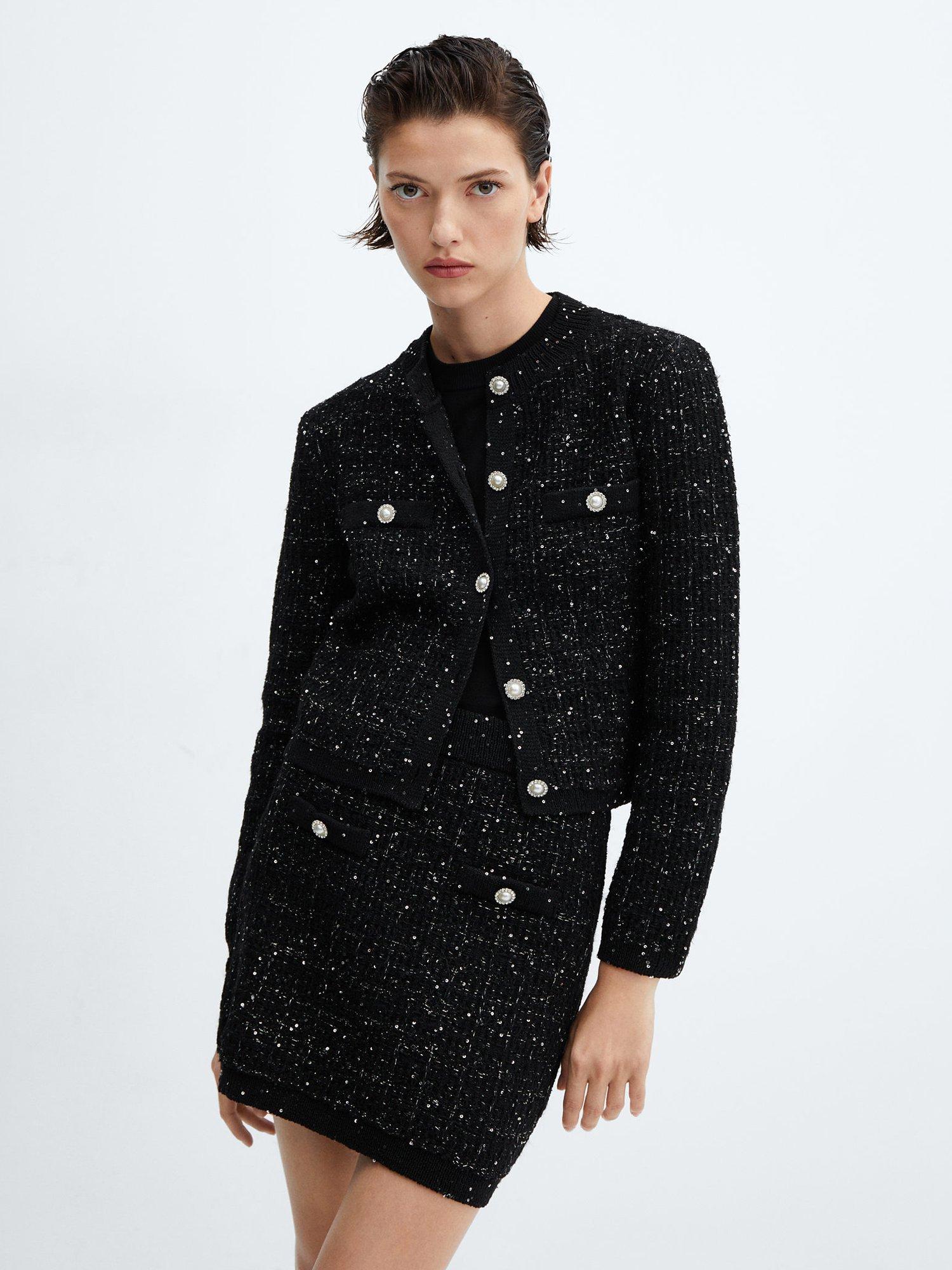 Mango Naomi Buttoned Tweed Mini Skirt, Black