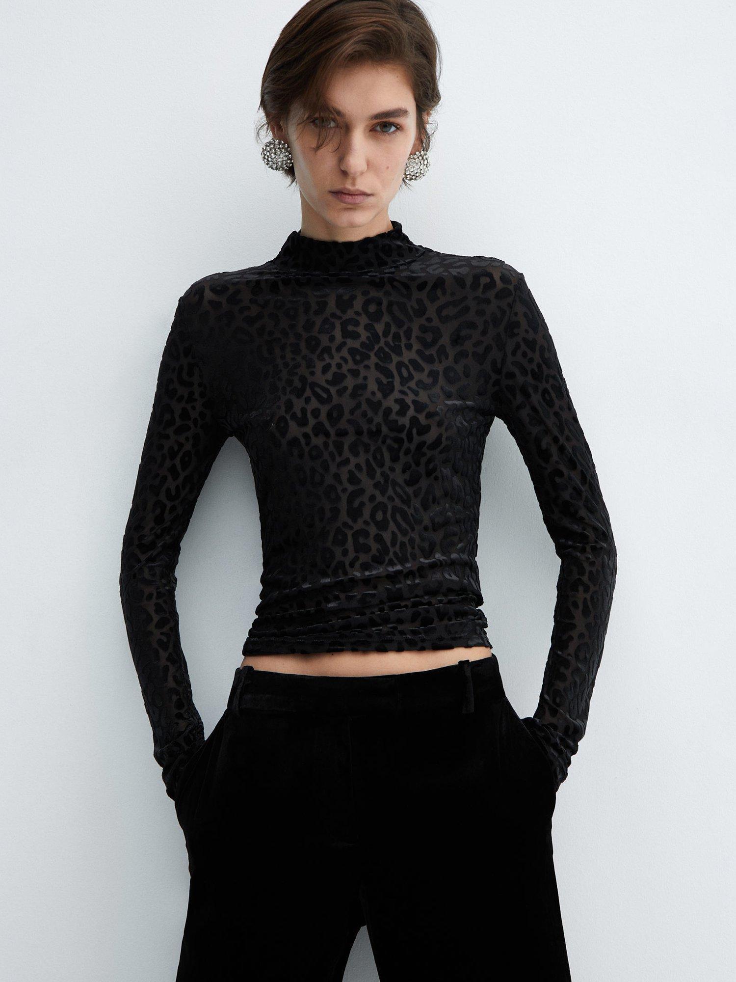 Mango Leo Textured Animal Top, Black