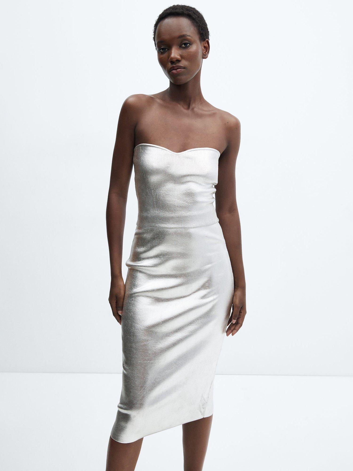 Mango Galaxia Metallic Sweetheart Neckline Top, Silver