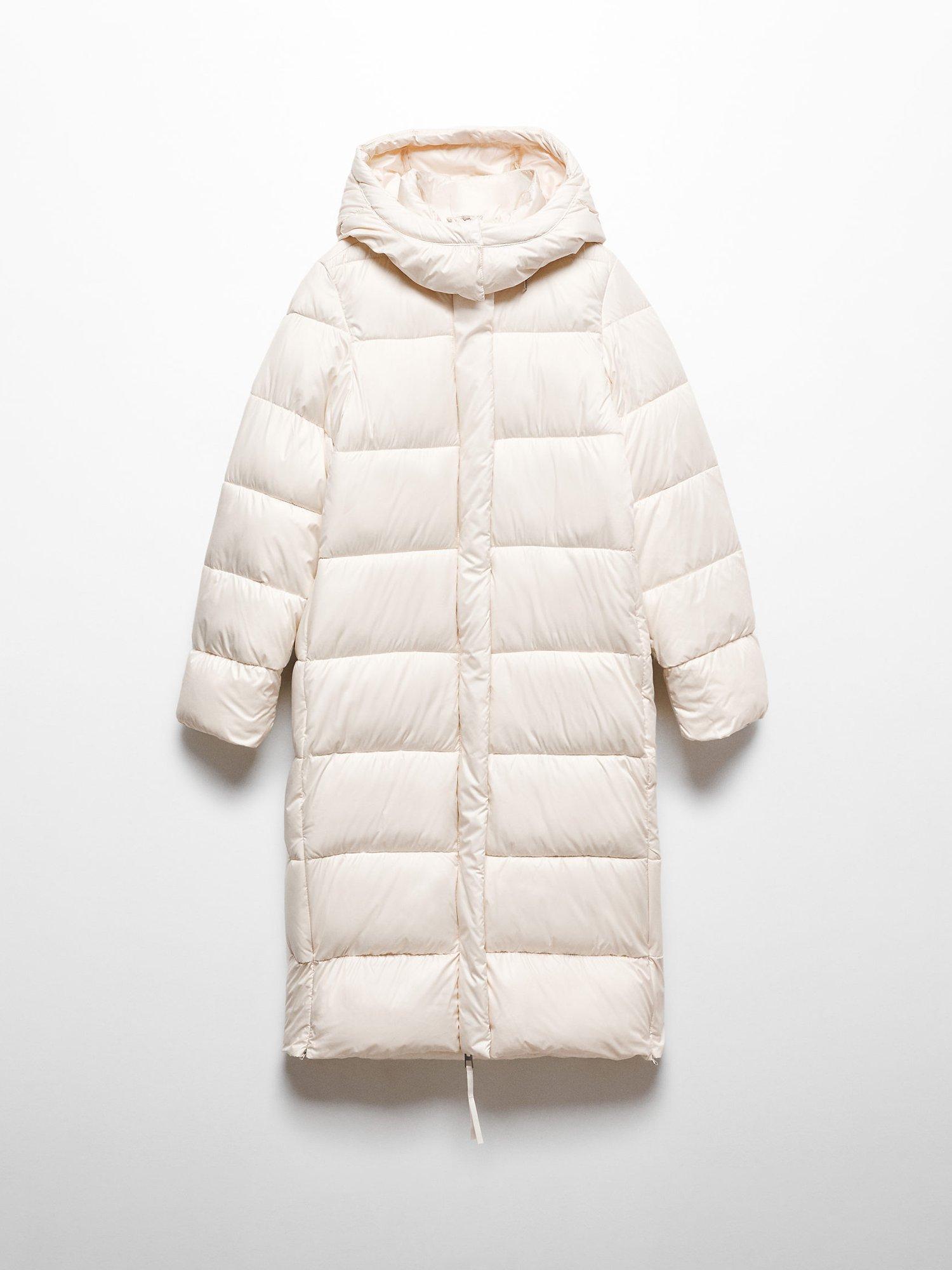 Mango Bambu Hooded Water-Repellent Long Quilted Jacket, Natural White