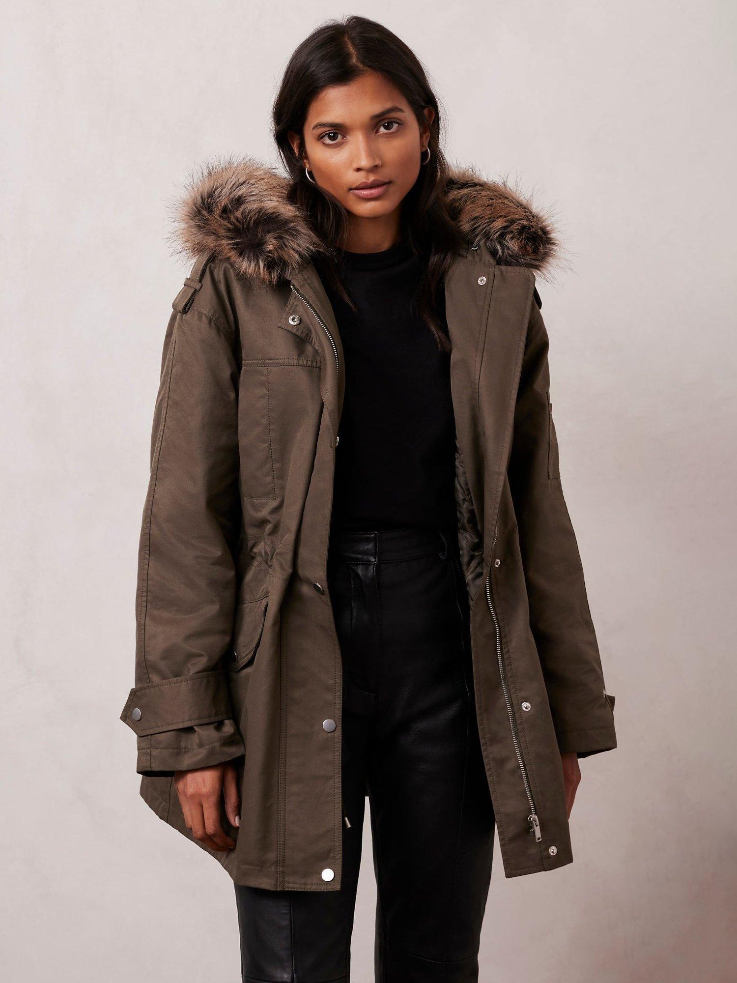 Mint Velvet Faux Fur Trim Parka, Khaki