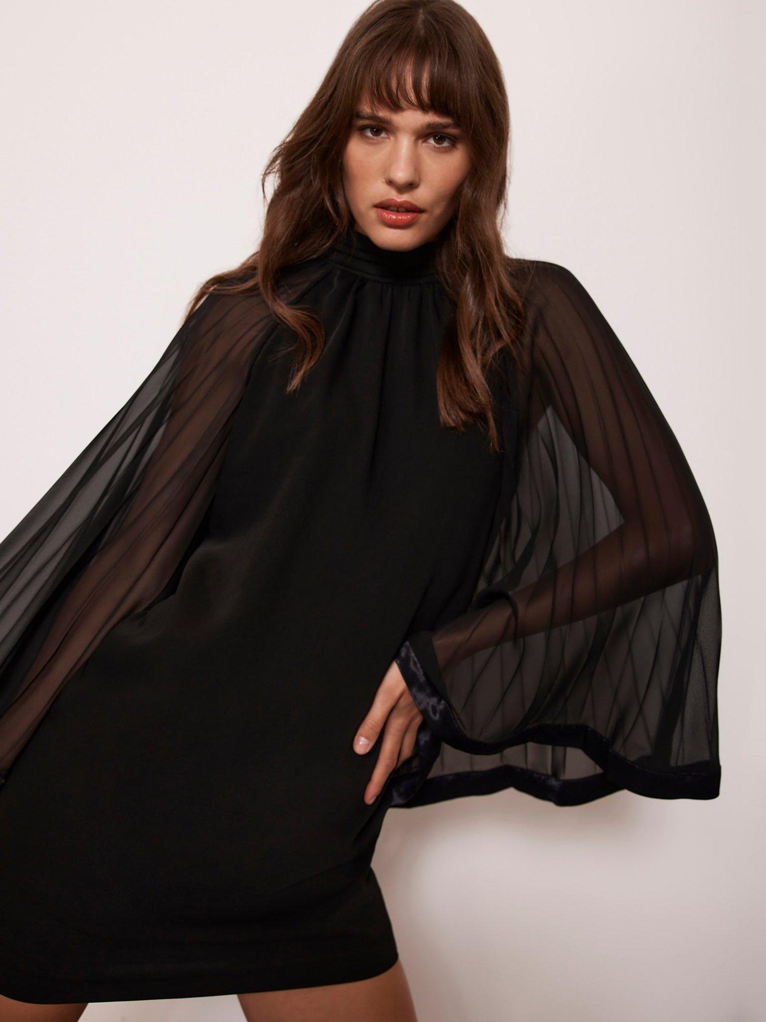 Mint Velvet Batwing Sleeve Pleated Mini Dress, Black