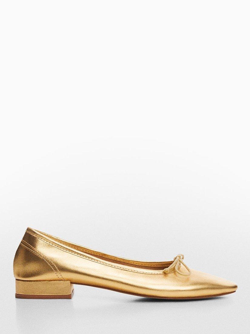 Mango Baila Bow Leather Ballerina Shoes, Gold