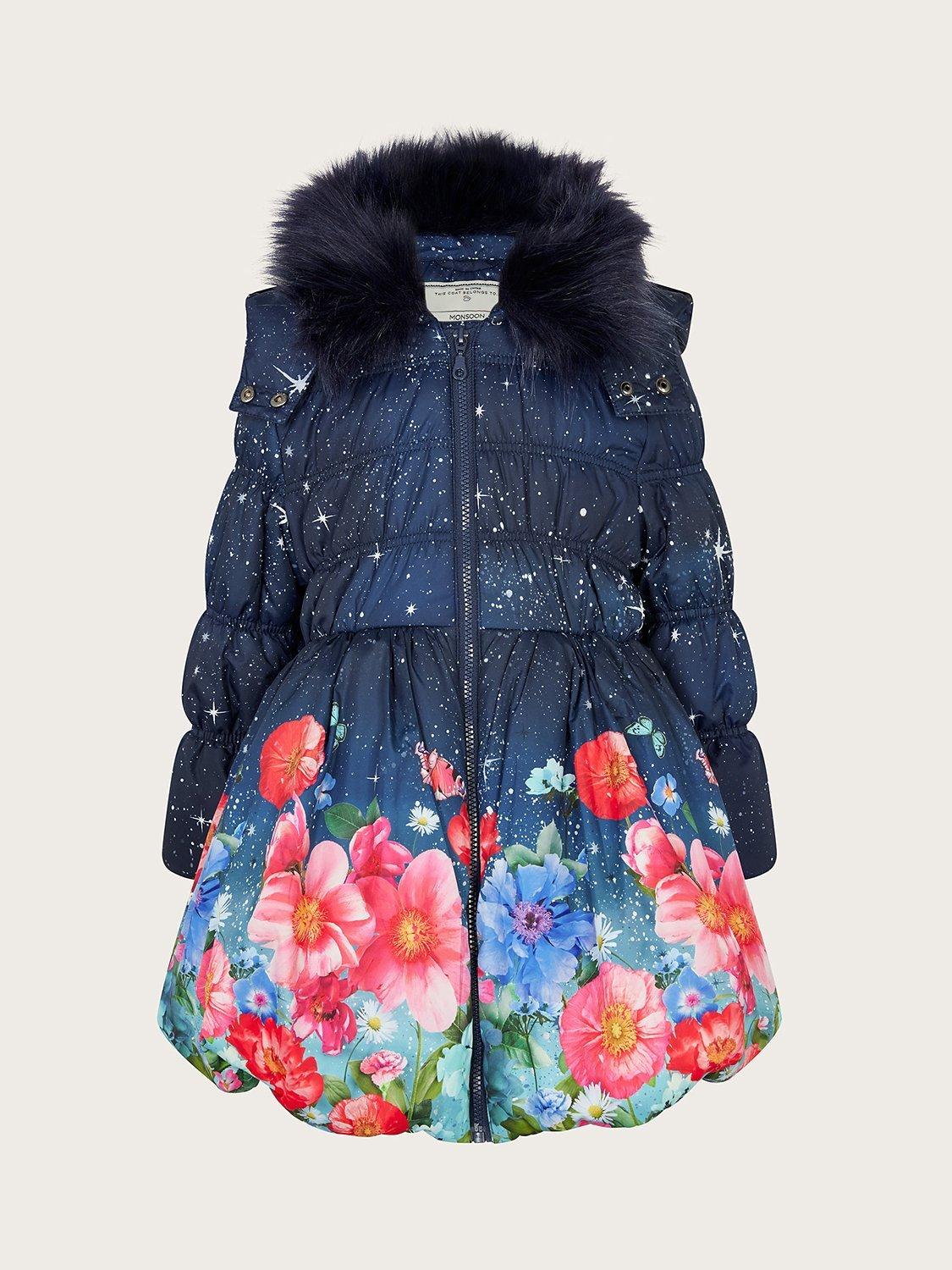 Monsoon Kids' Star Meadow Print Padded Hooded Coat, Teal