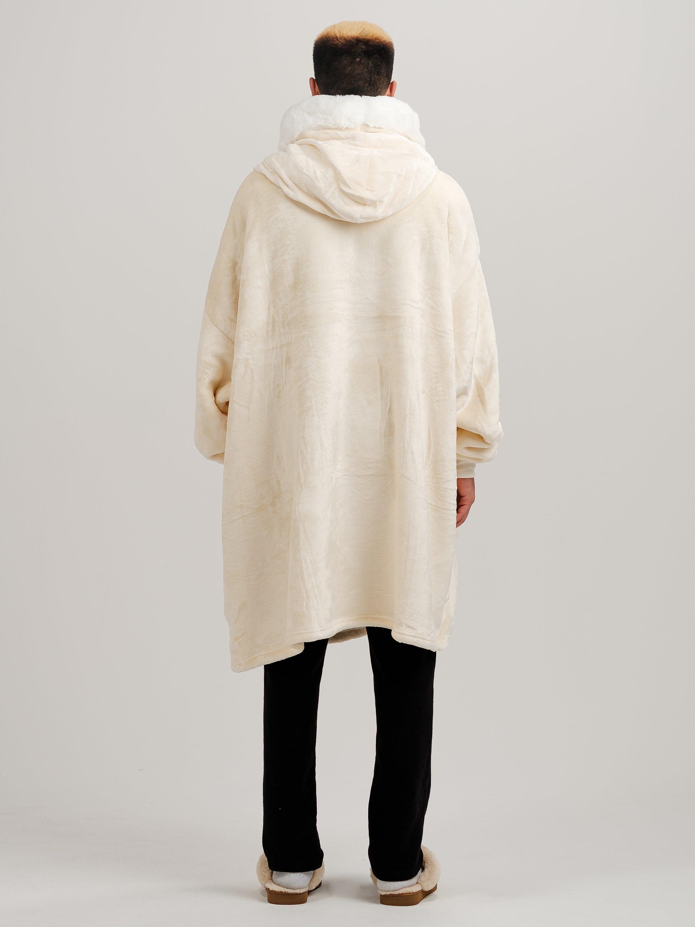 Product image 10 of 10, which shows Ony Unisex Faux Fur Collar Sherpa Lined Fleece Hoodie Blanket, Cream/White, One Size