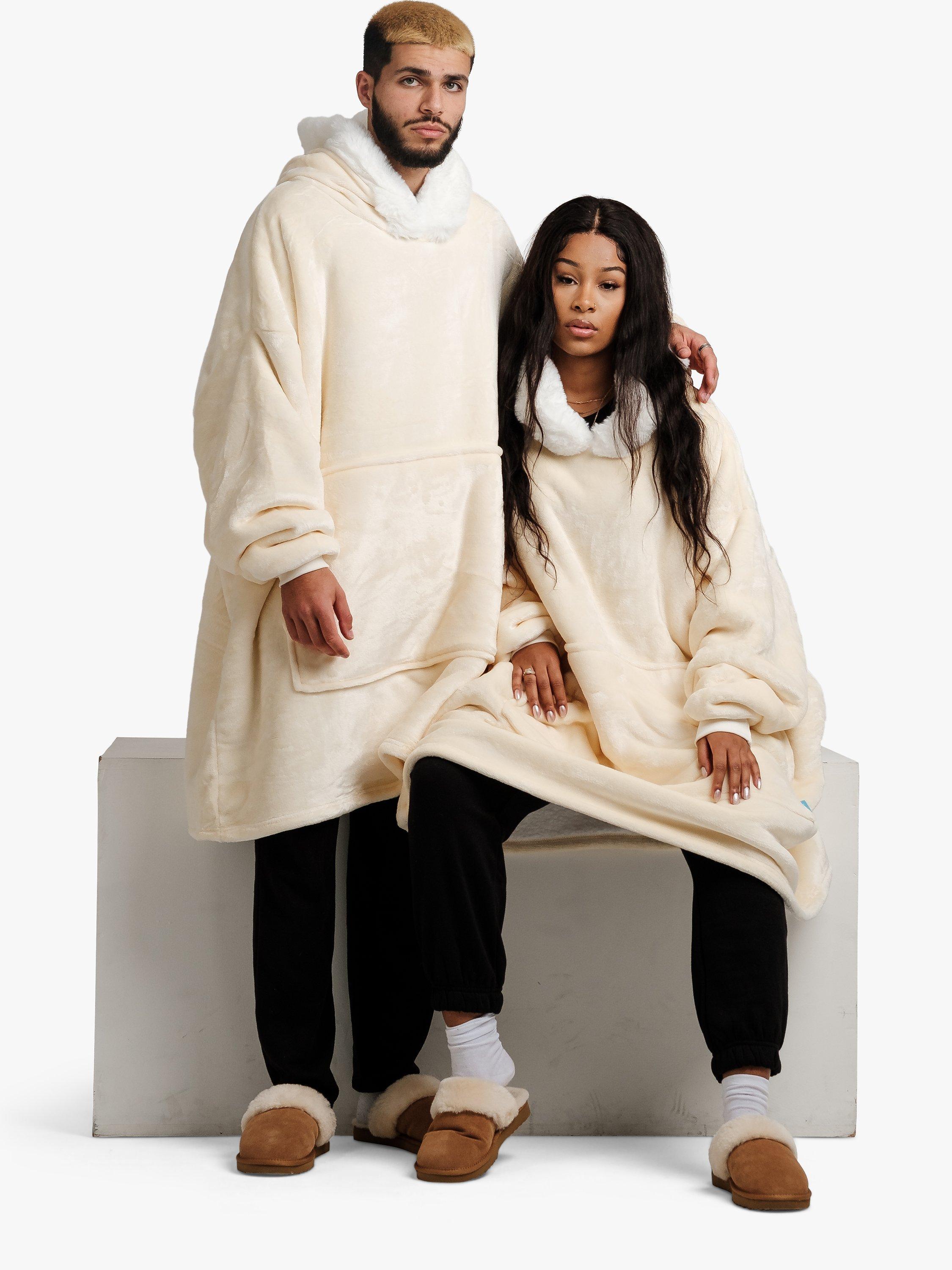 Product image 2 of 10, which shows Ony Unisex Faux Fur Collar Sherpa Lined Fleece Hoodie Blanket, Cream/White, One Size