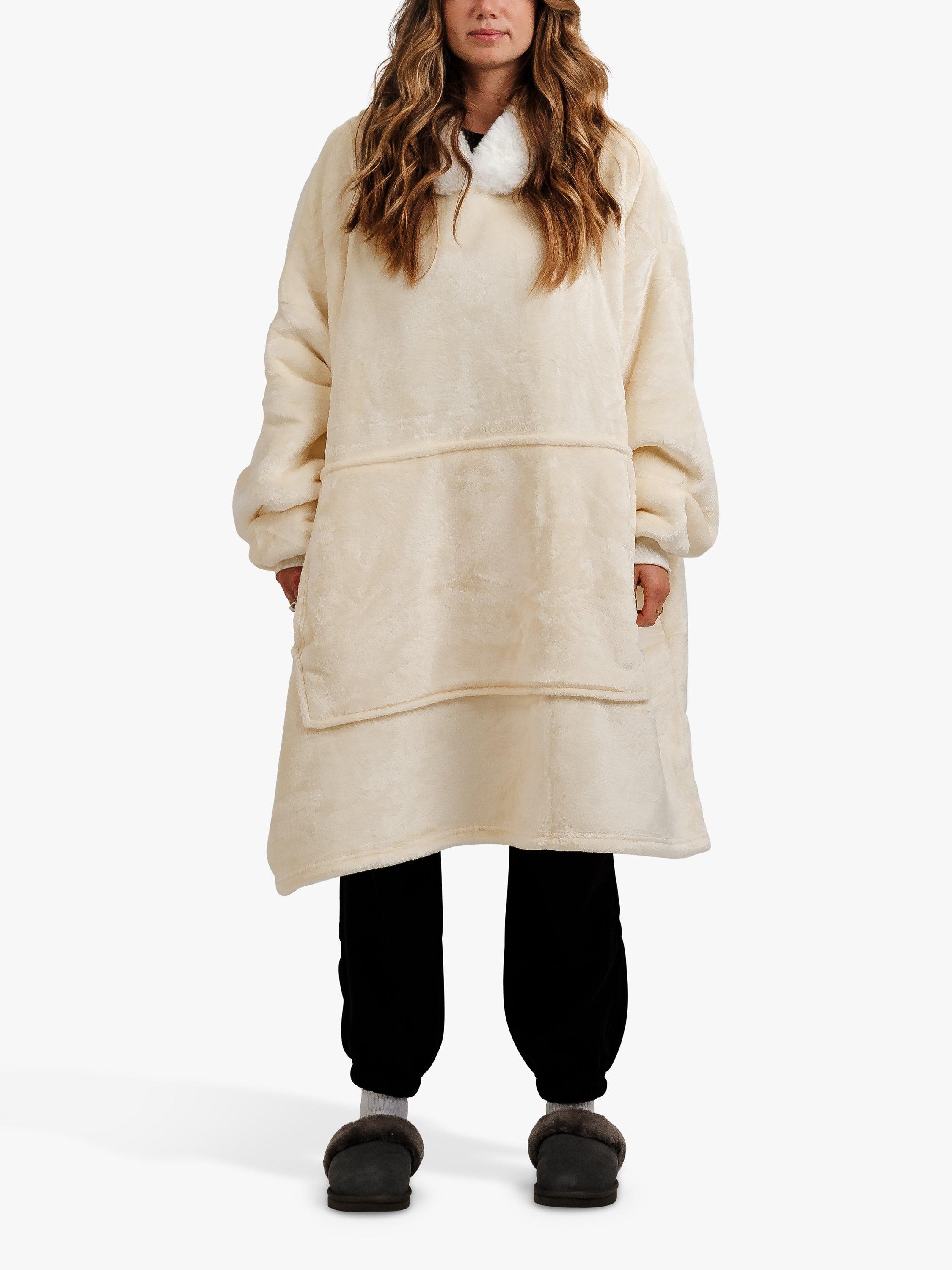 Product image 4 of 10, which shows Ony Unisex Faux Fur Collar Sherpa Lined Fleece Hoodie Blanket, Cream/White, One Size