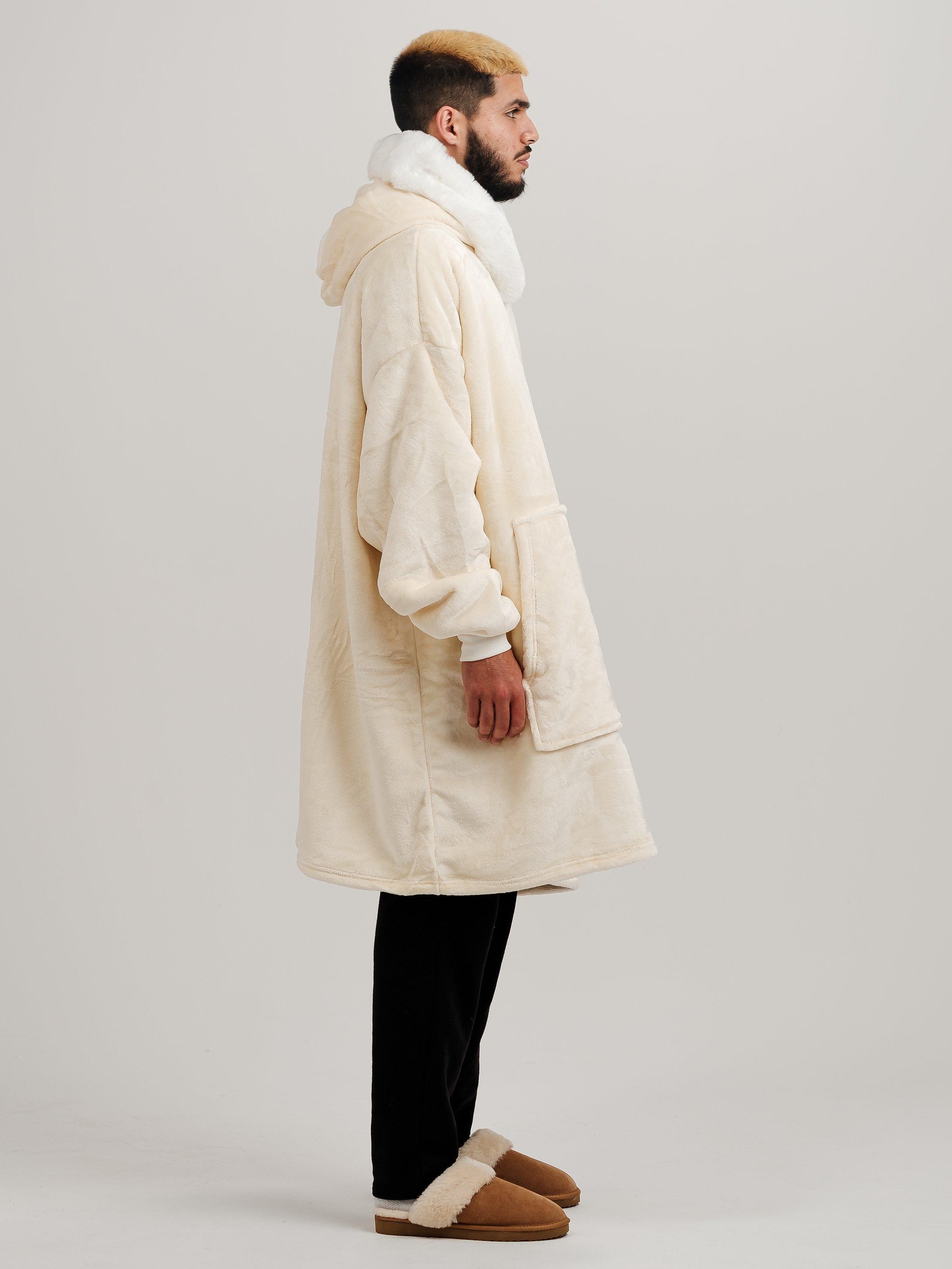 Ony Unisex Faux Fur Collar Sherpa Lined Fleece Hoodie Blanket Cream White One Size